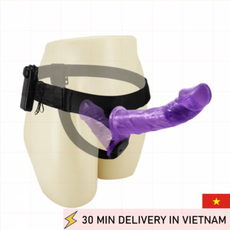 Dual Vibrating Strap On Adjustable Purple Harness 