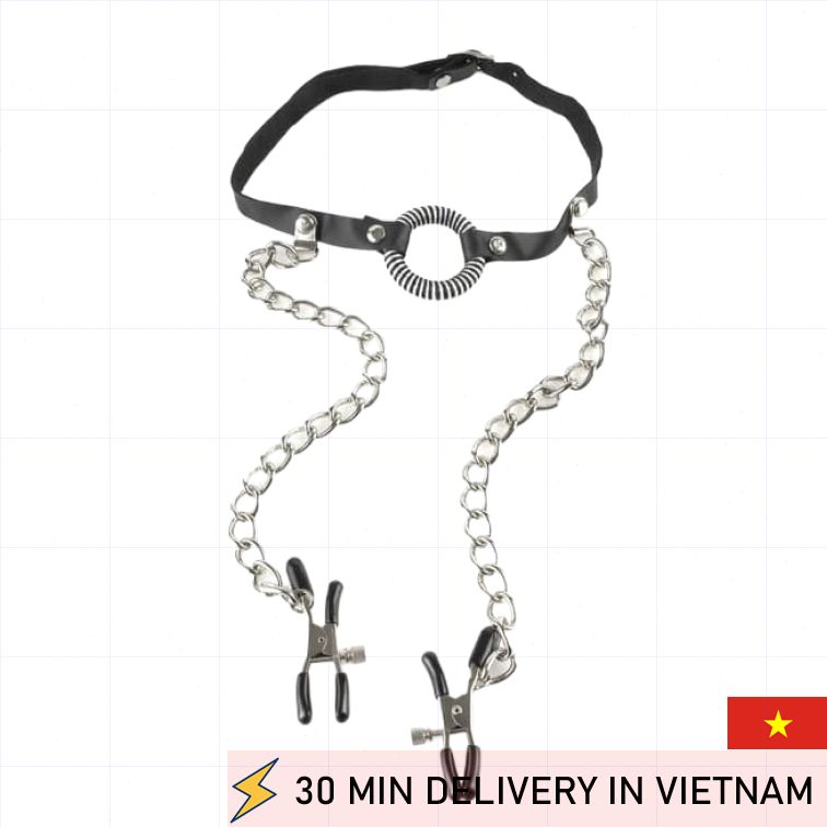 BDSM Gag Harness With Nipple Clamps Intense Play 